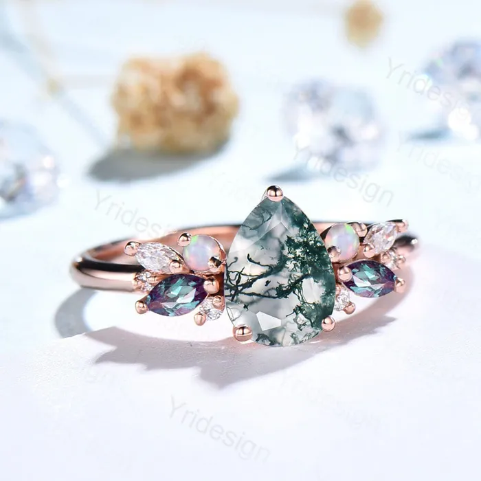 PENFINE Rings Teardrop Aquatic Agate Wedding Ring Vintage Unique Moss Agate Engagement Ring Rose Gold Alternative Alexandrite Opal Wedding Ring For Women PENFINE Rings Teardrop Aquatic Agate Wedding Ring Vintage Unique Moss Agate Engagement Ring Rose Gold Alternative Alexandrite Opal Wedding Ring For Women