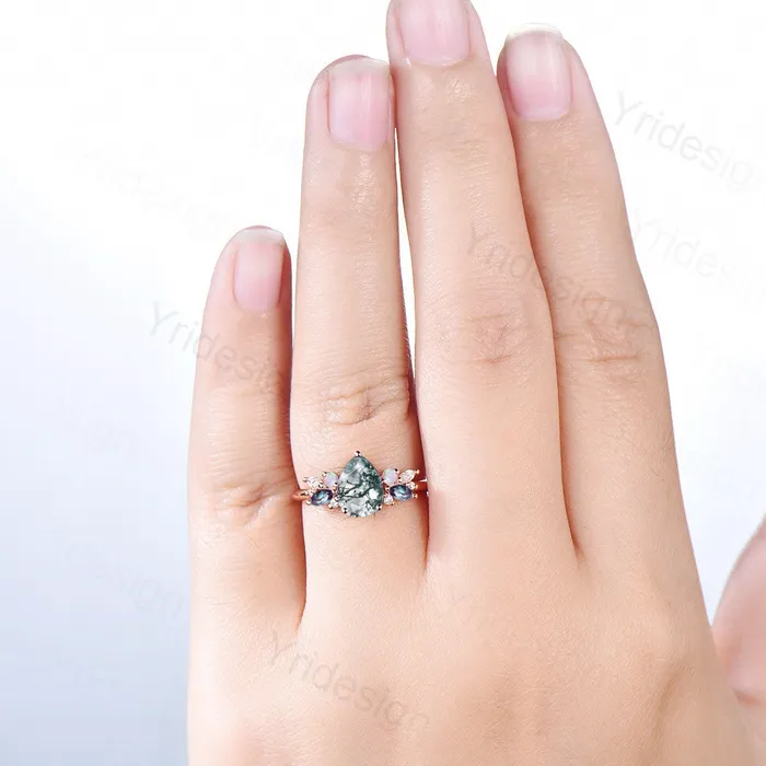 PENFINE Rings Teardrop Aquatic Agate Wedding Ring Vintage Unique Moss Agate Engagement Ring Rose Gold Alternative Alexandrite Opal Wedding Ring For Women PENFINE Rings Teardrop Aquatic Agate Wedding Ring Vintage Unique Moss Agate Engagement Ring Rose Gold Alternative Alexandrite Opal Wedding Ring For Women