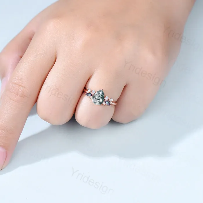 PENFINE Rings Teardrop Aquatic Agate Wedding Ring Vintage Unique Moss Agate Engagement Ring Rose Gold Alternative Alexandrite Opal Wedding Ring For Women PENFINE Rings Teardrop Aquatic Agate Wedding Ring Vintage Unique Moss Agate Engagement Ring Rose Gold Alternative Alexandrite Opal Wedding Ring For Women