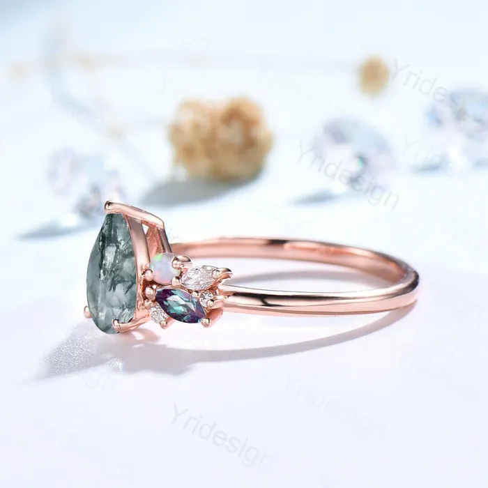 PENFINE Rings Teardrop Aquatic Agate Wedding Ring Vintage Unique Moss Agate Engagement Ring Rose Gold Alternative Alexandrite Opal Wedding Ring For Women PENFINE Rings Teardrop Aquatic Agate Wedding Ring Vintage Unique Moss Agate Engagement Ring Rose Gold Alternative Alexandrite Opal Wedding Ring For Women