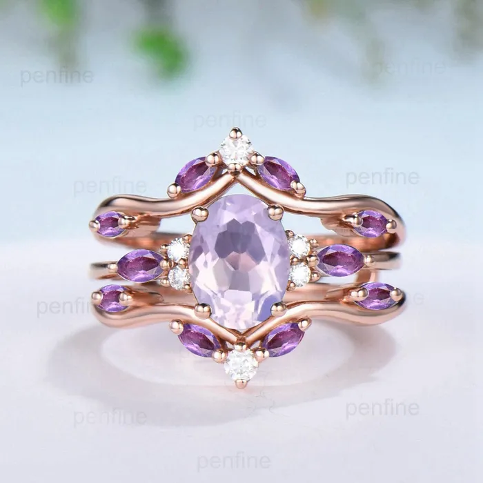 PENFINE Rings Unique Oval Lavender Amethyst Engagement Ring Set Vintage Marquise Purple Amethyst Wedding Ring Double Curved Enhancer Band Anniversary Gift PENFINE Rings Unique Oval Lavender Amethyst Engagement Ring Set Vintage Marquise Purple Amethyst Wedding Ring Double Curved Enhancer Band Anniversary Gift