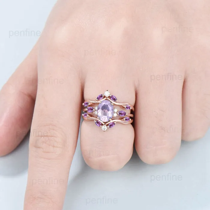 PENFINE Rings Unique Oval Lavender Amethyst Engagement Ring Set Vintage Marquise Purple Amethyst Wedding Ring Double Curved Enhancer Band Anniversary Gift PENFINE Rings Unique Oval Lavender Amethyst Engagement Ring Set Vintage Marquise Purple Amethyst Wedding Ring Double Curved Enhancer Band Anniversary Gift