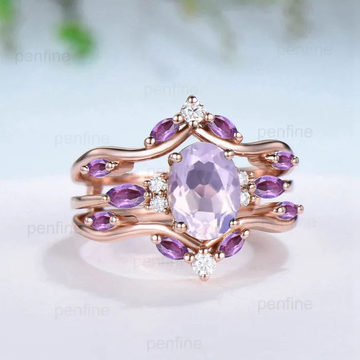 PENFINE Rings Unique Oval Lavender Amethyst Engagement Ring Set Vintage Marquise Purple Amethyst Wedding Ring Double Curved Enhancer Band Anniversary Gift PENFINE Rings Unique Oval Lavender Amethyst Engagement Ring Set Vintage Marquise Purple Amethyst Wedding Ring Double Curved Enhancer Band Anniversary Gift