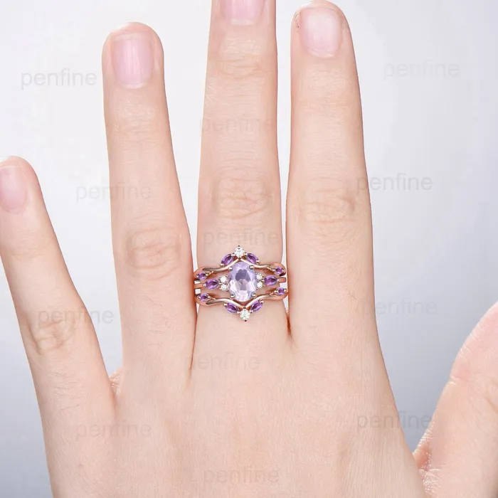 PENFINE Rings Unique Oval Lavender Amethyst Engagement Ring Set Vintage Marquise Purple Amethyst Wedding Ring Double Curved Enhancer Band Anniversary Gift PENFINE Rings Unique Oval Lavender Amethyst Engagement Ring Set Vintage Marquise Purple Amethyst Wedding Ring Double Curved Enhancer Band Anniversary Gift