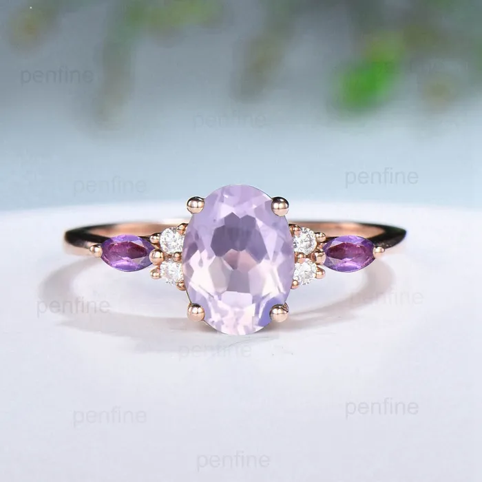 PENFINE Rings Unique Oval Lavender Amethyst Engagement Ring Set Vintage Marquise Purple Amethyst Wedding Ring Double Curved Enhancer Band Anniversary Gift PENFINE Rings Unique Oval Lavender Amethyst Engagement Ring Set Vintage Marquise Purple Amethyst Wedding Ring Double Curved Enhancer Band Anniversary Gift