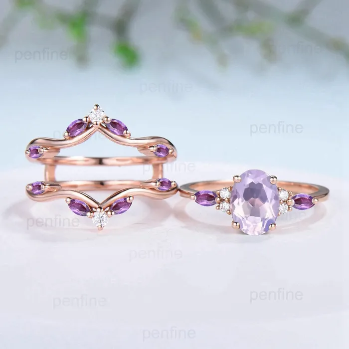 PENFINE Rings Unique Oval Lavender Amethyst Engagement Ring Set Vintage Marquise Purple Amethyst Wedding Ring Double Curved Enhancer Band Anniversary Gift PENFINE Rings Unique Oval Lavender Amethyst Engagement Ring Set Vintage Marquise Purple Amethyst Wedding Ring Double Curved Enhancer Band Anniversary Gift