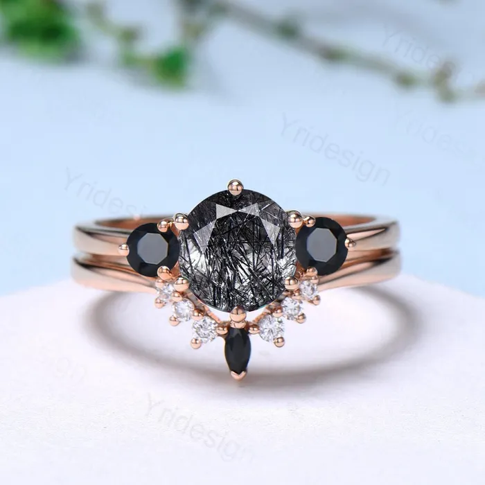 PENFINE Rings Vintage black rutilated quartz engagement ring set Three stone black spinel wedding ring set for women Quartz crystal bridal birthday gift PENFINE Rings Vintage black rutilated quartz engagement ring set Three stone black spinel wedding ring set for women Quartz crystal bridal birthday gift