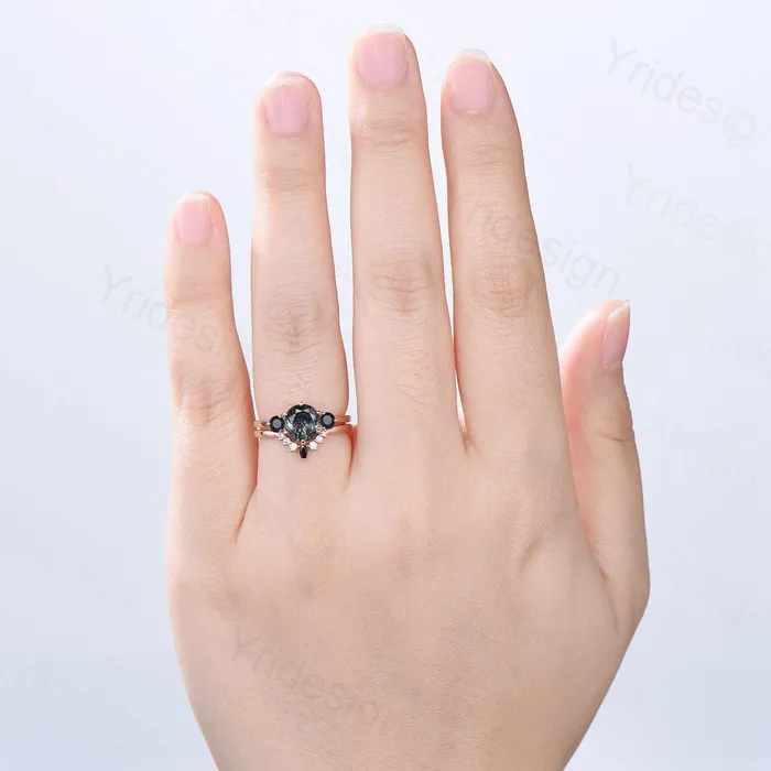 PENFINE Rings Vintage black rutilated quartz engagement ring set Three stone black spinel wedding ring set for women Quartz crystal bridal birthday gift PENFINE Rings Vintage black rutilated quartz engagement ring set Three stone black spinel wedding ring set for women Quartz crystal bridal birthday gift