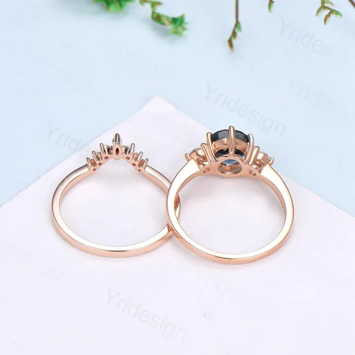 PENFINE Rings Vintage black rutilated quartz engagement ring set Three stone black spinel wedding ring set for women Quartz crystal bridal birthday gift PENFINE Rings Vintage black rutilated quartz engagement ring set Three stone black spinel wedding ring set for women Quartz crystal bridal birthday gift
