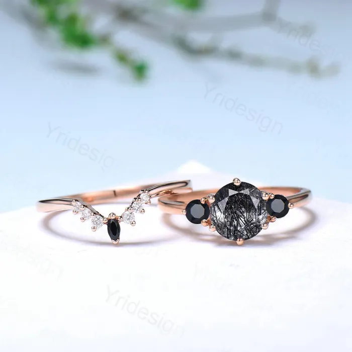 PENFINE Rings Vintage black rutilated quartz engagement ring set Three stone black spinel wedding ring set for women Quartz crystal bridal birthday gift PENFINE Rings Vintage black rutilated quartz engagement ring set Three stone black spinel wedding ring set for women Quartz crystal bridal birthday gift