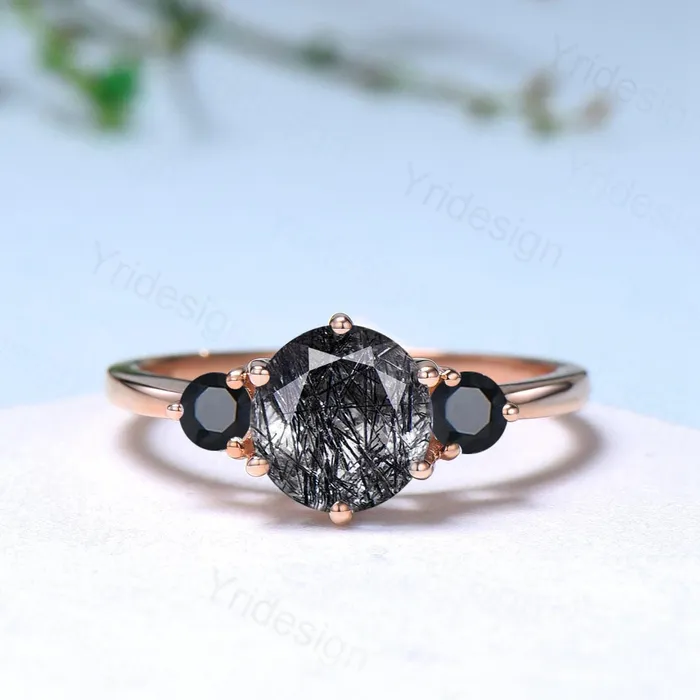 PENFINE Rings Vintage black rutilated quartz engagement ring set Three stone black spinel wedding ring set for women Quartz crystal bridal birthday gift PENFINE Rings Vintage black rutilated quartz engagement ring set Three stone black spinel wedding ring set for women Quartz crystal bridal birthday gift