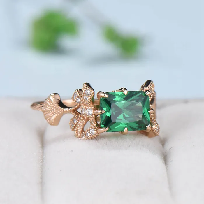 PENFINE Rings Vintage Emerald Cut Emerald Ring Rose Gold 2CT East To West Engagement Ring Unique Ginkgo Wedding Ring For Women 8 Prong Retro Promise Gift PENFINE Rings Vintage Emerald Cut Emerald Ring Rose Gold 2CT East To West Engagement Ring Unique Ginkgo Wedding Ring For Women 8 Prong Retro Promise Gift