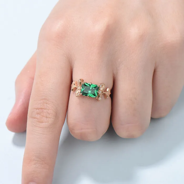 PENFINE Rings Vintage Emerald Cut Emerald Ring Rose Gold 2CT East To West Engagement Ring Unique Ginkgo Wedding Ring For Women 8 Prong Retro Promise Gift PENFINE Rings Vintage Emerald Cut Emerald Ring Rose Gold 2CT East To West Engagement Ring Unique Ginkgo Wedding Ring For Women 8 Prong Retro Promise Gift
