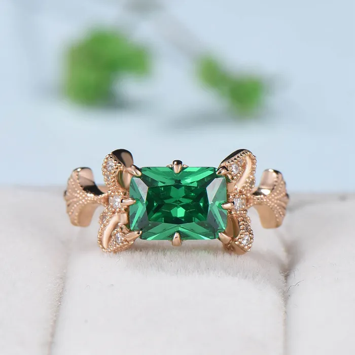 PENFINE Rings Vintage Emerald Cut Emerald Ring Rose Gold 2CT East To West Engagement Ring Unique Ginkgo Wedding Ring For Women 8 Prong Retro Promise Gift PENFINE Rings Vintage Emerald Cut Emerald Ring Rose Gold 2CT East To West Engagement Ring Unique Ginkgo Wedding Ring For Women 8 Prong Retro Promise Gift