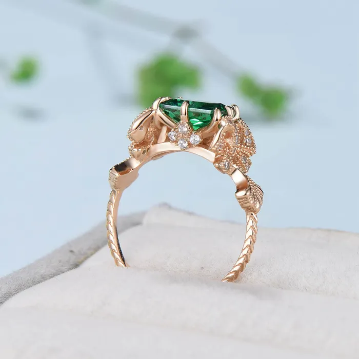 PENFINE Rings Vintage Emerald Cut Emerald Ring Rose Gold 2CT East To West Engagement Ring Unique Ginkgo Wedding Ring For Women 8 Prong Retro Promise Gift PENFINE Rings Vintage Emerald Cut Emerald Ring Rose Gold 2CT East To West Engagement Ring Unique Ginkgo Wedding Ring For Women 8 Prong Retro Promise Gift