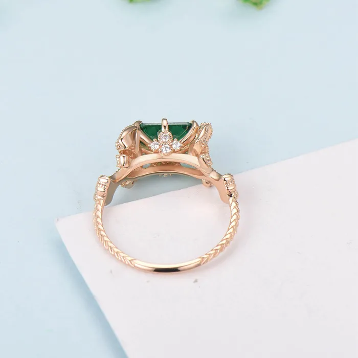 PENFINE Rings Vintage Emerald Cut Emerald Ring Rose Gold 2CT East To West Engagement Ring Unique Ginkgo Wedding Ring For Women 8 Prong Retro Promise Gift PENFINE Rings Vintage Emerald Cut Emerald Ring Rose Gold 2CT East To West Engagement Ring Unique Ginkgo Wedding Ring For Women 8 Prong Retro Promise Gift