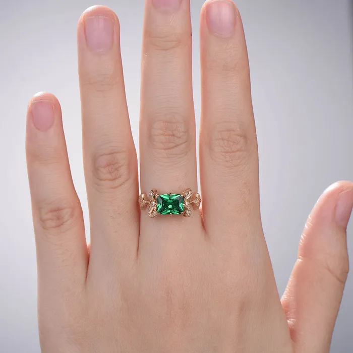 PENFINE Rings Vintage Emerald Cut Emerald Ring Rose Gold 2CT East To West Engagement Ring Unique Ginkgo Wedding Ring For Women 8 Prong Retro Promise Gift PENFINE Rings Vintage Emerald Cut Emerald Ring Rose Gold 2CT East To West Engagement Ring Unique Ginkgo Wedding Ring For Women 8 Prong Retro Promise Gift