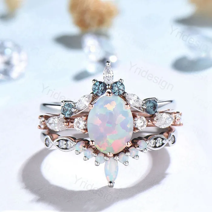 PENFINE Rings Vintage opal engagement ring set 3pcs Unique rose gold fire opal wedding set Art deco gold stacking ring 6 Prongs bridal set PENFINE Rings Vintage opal engagement ring set 3pcs Unique rose gold fire opal wedding set Art deco gold stacking ring 6 Prongs bridal set