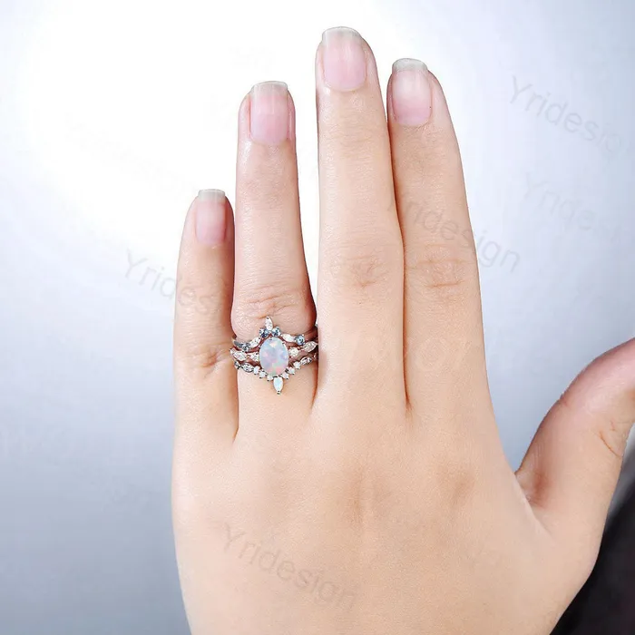 PENFINE Rings Vintage opal engagement ring set 3pcs Unique rose gold fire opal wedding set Art deco gold stacking ring 6 Prongs bridal set PENFINE Rings Vintage opal engagement ring set 3pcs Unique rose gold fire opal wedding set Art deco gold stacking ring 6 Prongs bridal set