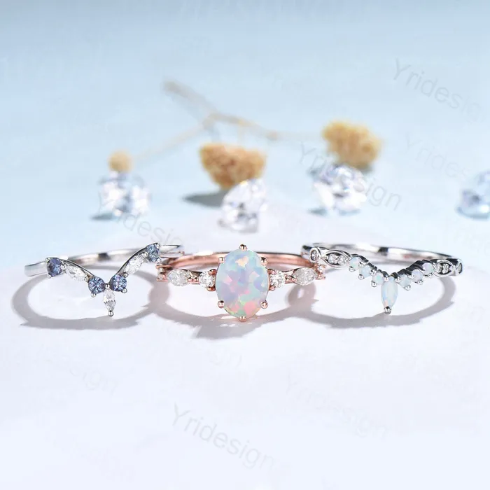PENFINE Rings Vintage opal engagement ring set 3pcs Unique rose gold fire opal wedding set Art deco gold stacking ring 6 Prongs bridal set PENFINE Rings Vintage opal engagement ring set 3pcs Unique rose gold fire opal wedding set Art deco gold stacking ring 6 Prongs bridal set