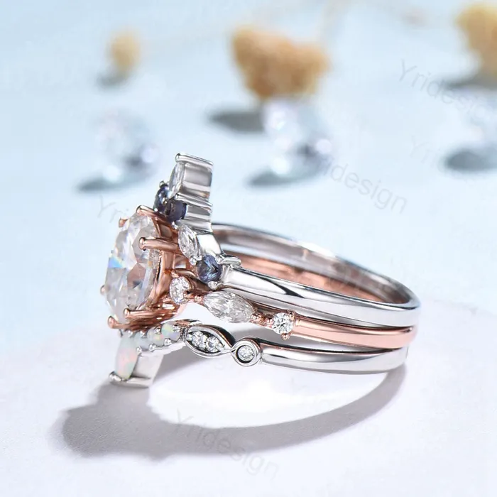 PENFINE Rings Vintage opal engagement ring set 3pcs Unique rose gold fire opal wedding set Art deco gold stacking ring 6 Prongs bridal set PENFINE Rings Vintage opal engagement ring set 3pcs Unique rose gold fire opal wedding set Art deco gold stacking ring 6 Prongs bridal set