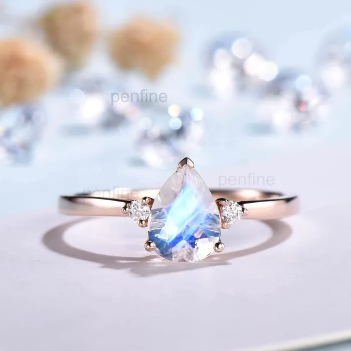 PENFINE Three Stone Rainbow Pear Shaped Moonstone Engagement Ring Elle Rose Gold Rings PENFINE Three Stone Rainbow Pear Shaped Moonstone Engagement Ring Elle Rose Gold Rings