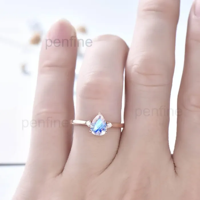 PENFINE Three Stone Rainbow Pear Shaped Moonstone Engagement Ring Elle Rose Gold Rings