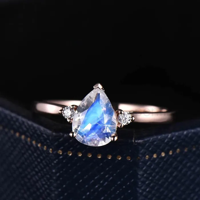 PENFINE Three Stone Rainbow Pear Shaped Moonstone Engagement Ring Elle Rose Gold Rings