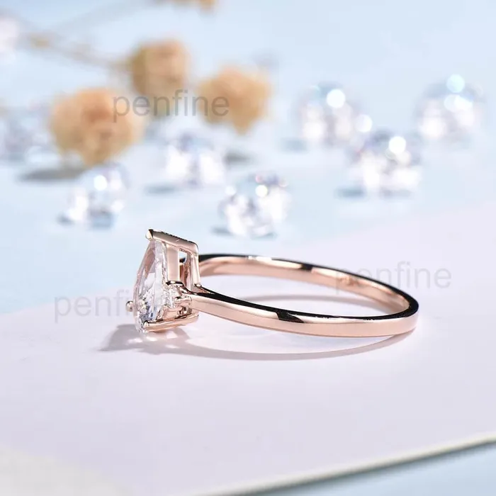 PENFINE Three Stone Rainbow Pear Shaped Moonstone Engagement Ring Elle Rose Gold Rings
