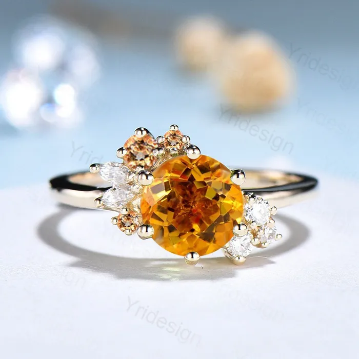 PENFINE Unique Citrine Engagement Ring Gold Cluster Natural Alternative Citrine Wedding Ring For Women Vintage art deco Anniversary Promise Ring Rings PENFINE Unique Citrine Engagement Ring Gold Cluster Natural Alternative Citrine Wedding Ring For Women Vintage art deco Anniversary Promise Ring Rings