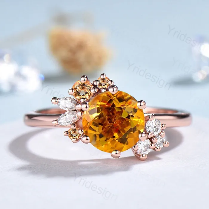 PENFINE Unique Citrine Engagement Ring Gold Cluster Natural Alternative Citrine Wedding Ring For Women Vintage art deco Anniversary Promise Ring Rings PENFINE Unique Citrine Engagement Ring Gold Cluster Natural Alternative Citrine Wedding Ring For Women Vintage art deco Anniversary Promise Ring Rings