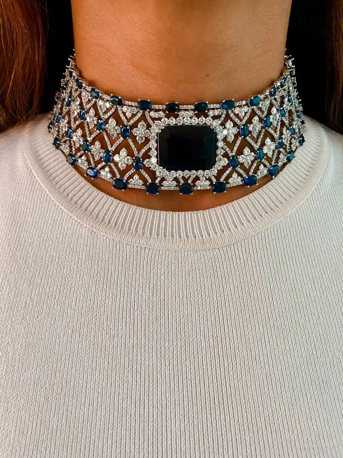 PRERTO ECOMMERCE PRIVATE LIMITED Earrings Sapphire Appliqu Dimonte Choker Set Necklace Earrings PRERTO ECOMMERCE PRIVATE LIMITED Earrings Sapphire Appliqu Dimonte Choker Set Necklace Earrings
