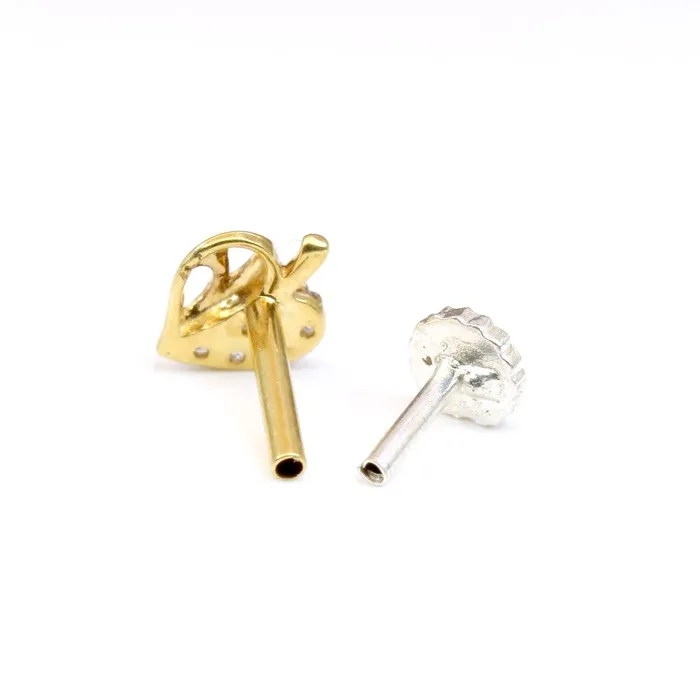 Real Gold White CZ Heart Nose Stud Nose Pin Solid 14k Yellow Gold Karizma Jewels Earrings