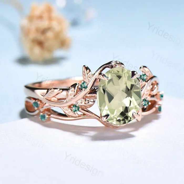 Rings PENFINE Nature Inspired green amethyst ring set cluster emerald green crystal engagement ring vintage unique February Leaf wedding ring set women Rings PENFINE Nature Inspired green amethyst ring set cluster emerald green crystal engagement ring vintage unique February Leaf wedding ring set women