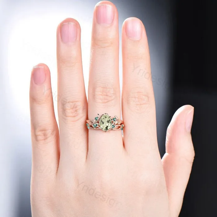 Rings PENFINE Nature Inspired green amethyst ring set cluster emerald green crystal engagement ring vintage unique February Leaf wedding ring set women