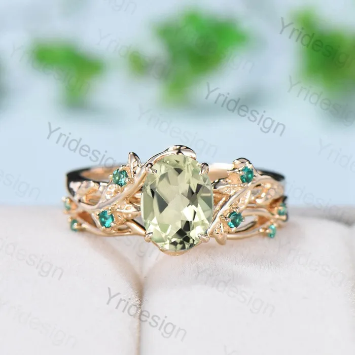 Rings PENFINE Nature Inspired green amethyst ring set cluster emerald green crystal engagement ring vintage unique February Leaf wedding ring set women