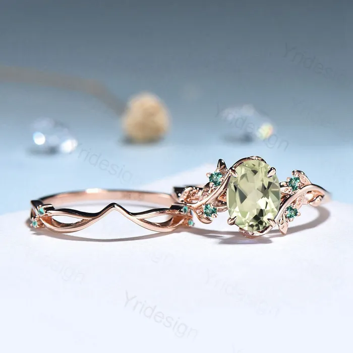 Rings PENFINE Nature Inspired green amethyst ring set cluster emerald green crystal engagement ring vintage unique February Leaf wedding ring set women