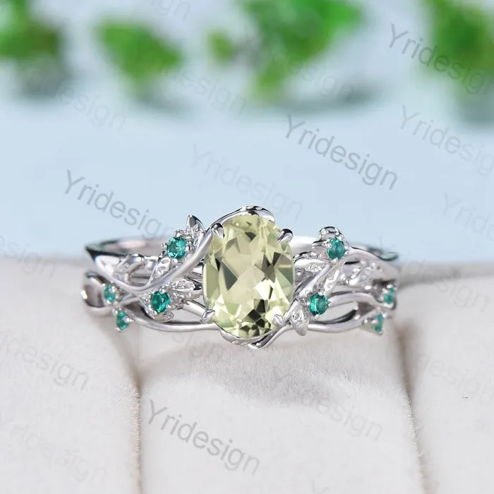 Rings PENFINE Nature Inspired green amethyst ring set cluster emerald green crystal engagement ring vintage unique February Leaf wedding ring set women