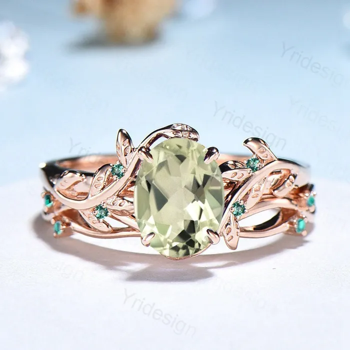 Rings PENFINE Nature Inspired green amethyst ring set cluster emerald green crystal engagement ring vintage unique February Leaf wedding ring set women