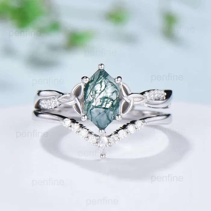 Rings PENFINE Norse Viking long hexagon moss agate engagement ring set 34 eternity twisted infinity moissanite diamond band wedding ring set for women Rings PENFINE Norse Viking long hexagon moss agate engagement ring set 34 eternity twisted infinity moissanite diamond band wedding ring set for women