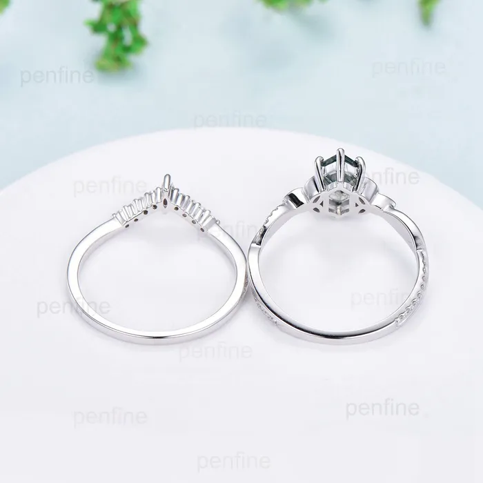 Rings PENFINE Norse Viking long hexagon moss agate engagement ring set 34 eternity twisted infinity moissanite diamond band wedding ring set for women Rings PENFINE Norse Viking long hexagon moss agate engagement ring set 34 eternity twisted infinity moissanite diamond band wedding ring set for women