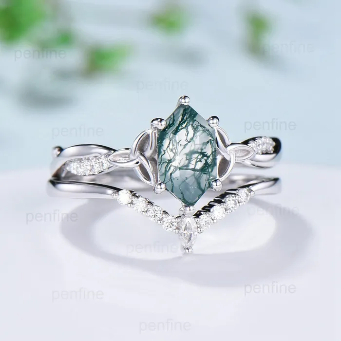 Rings PENFINE Norse Viking long hexagon moss agate engagement ring set 34 eternity twisted infinity moissanite diamond band wedding ring set for women Rings PENFINE Norse Viking long hexagon moss agate engagement ring set 34 eternity twisted infinity moissanite diamond band wedding ring set for women