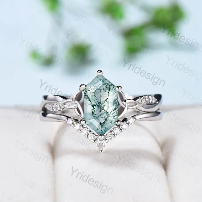 Rings PENFINE Norse Viking long hexagon moss agate engagement ring set 34 eternity twisted infinity moissanite diamond band wedding ring set for women Rings PENFINE Norse Viking long hexagon moss agate engagement ring set 34 eternity twisted infinity moissanite diamond band wedding ring set for women