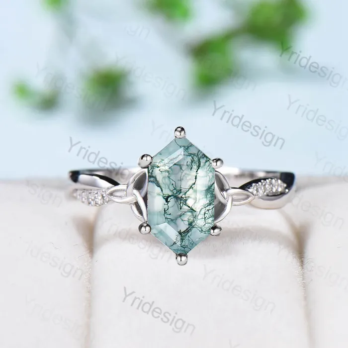 Rings PENFINE Norse Viking long hexagon moss agate engagement ring set 34 eternity twisted infinity moissanite diamond band wedding ring set for women Rings PENFINE Norse Viking long hexagon moss agate engagement ring set 34 eternity twisted infinity moissanite diamond band wedding ring set for women