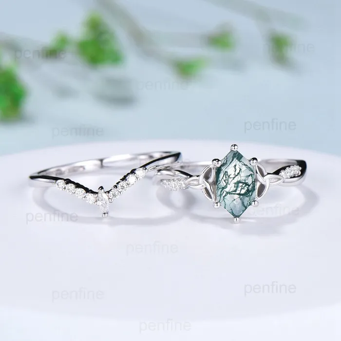 Rings PENFINE Norse Viking long hexagon moss agate engagement ring set 34 eternity twisted infinity moissanite diamond band wedding ring set for women Rings PENFINE Norse Viking long hexagon moss agate engagement ring set 34 eternity twisted infinity moissanite diamond band wedding ring set for women