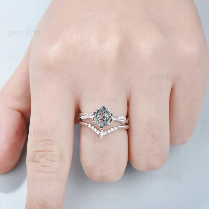 Rings PENFINE Norse Viking long hexagon moss agate engagement ring set 34 eternity twisted infinity moissanite diamond band wedding ring set for women Rings PENFINE Norse Viking long hexagon moss agate engagement ring set 34 eternity twisted infinity moissanite diamond band wedding ring set for women