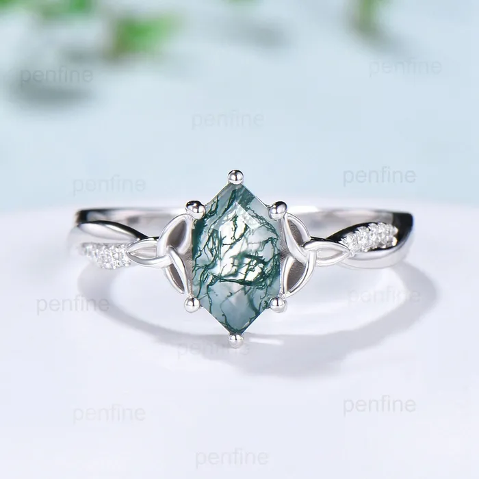 Rings PENFINE Norse Viking long hexagon moss agate engagement ring set 34 eternity twisted infinity moissanite diamond band wedding ring set for women Rings PENFINE Norse Viking long hexagon moss agate engagement ring set 34 eternity twisted infinity moissanite diamond band wedding ring set for women