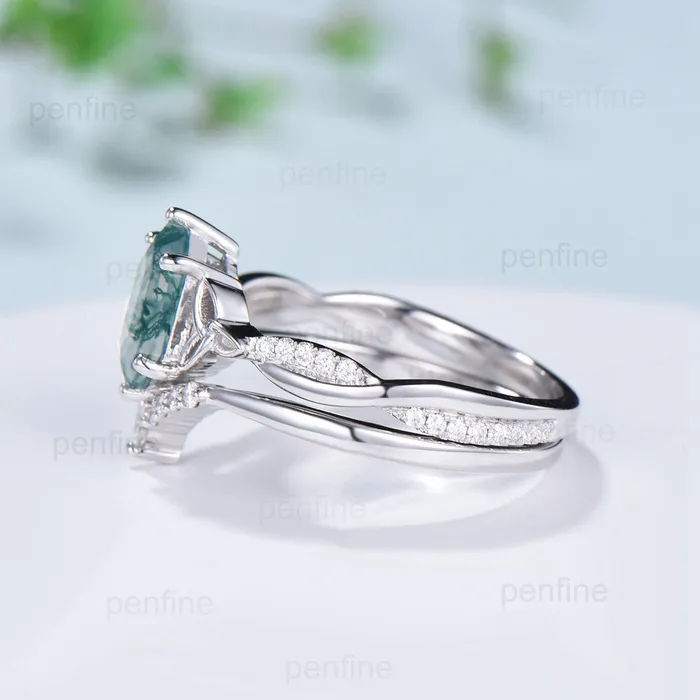 Rings PENFINE Norse Viking long hexagon moss agate engagement ring set 34 eternity twisted infinity moissanite diamond band wedding ring set for women Rings PENFINE Norse Viking long hexagon moss agate engagement ring set 34 eternity twisted infinity moissanite diamond band wedding ring set for women