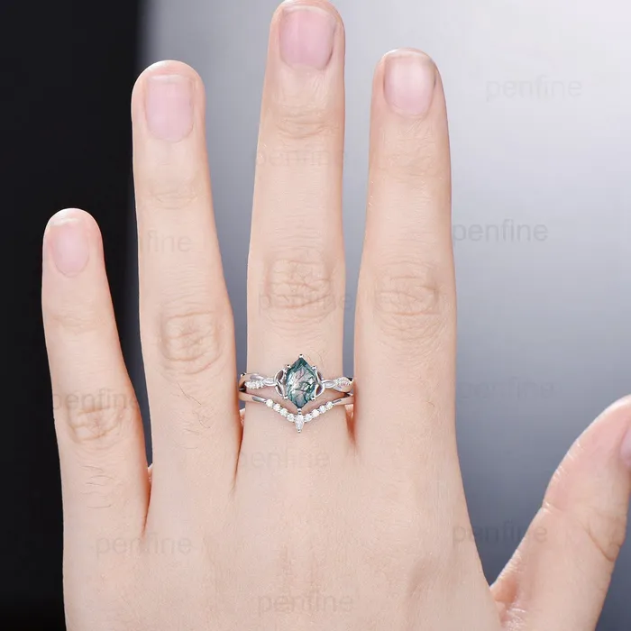 Rings PENFINE Norse Viking long hexagon moss agate engagement ring set 34 eternity twisted infinity moissanite diamond band wedding ring set for women Rings PENFINE Norse Viking long hexagon moss agate engagement ring set 34 eternity twisted infinity moissanite diamond band wedding ring set for women
