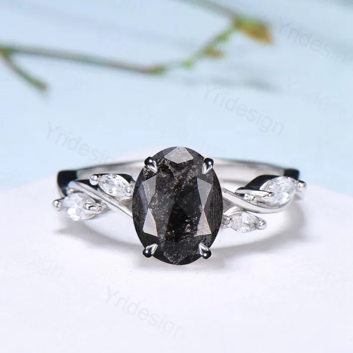 Rings PENFINE Vintage oval salt and pepper diamond engagement ring 14k white gold spilt shank band marquise diamond promise ring anniversary gift for Her